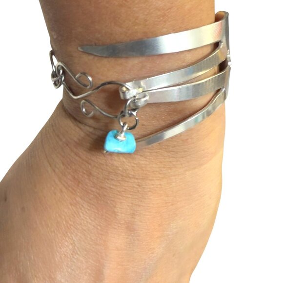 Handcrafted Silver Fork Cuff Bracelet W Stainless Steel Links & Turquoise Charm - Picture 6 of 15
